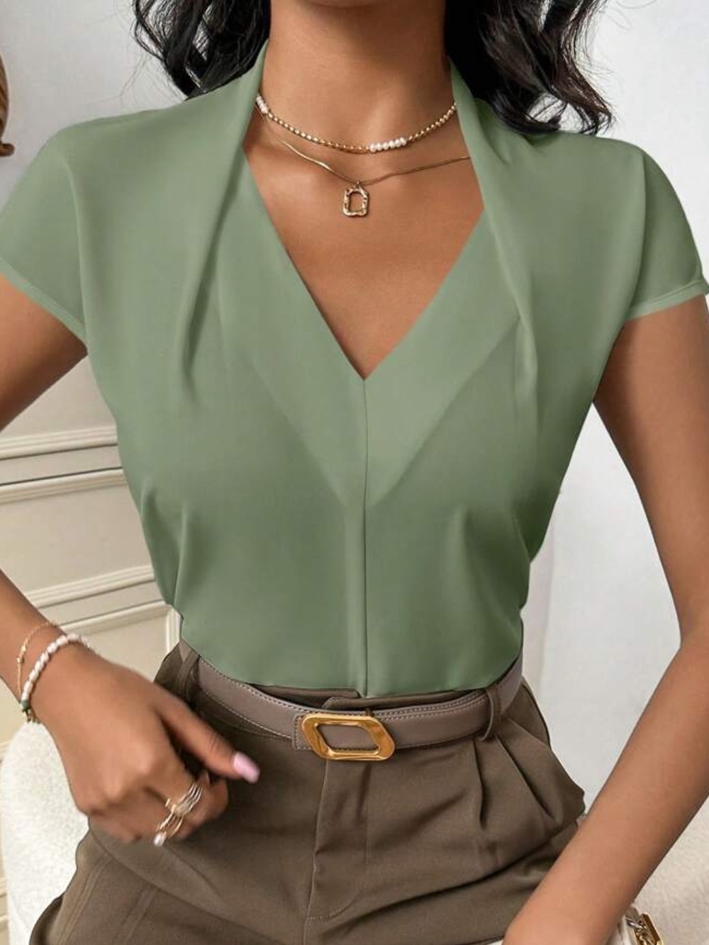 SHEIN Green Blouse Elegant V Neck Cap Sleeve Work Top Soft Girl Old Money XS